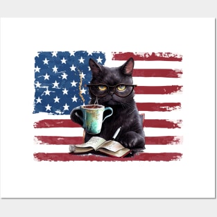 Black cat reading books 4th of july Posters and Art